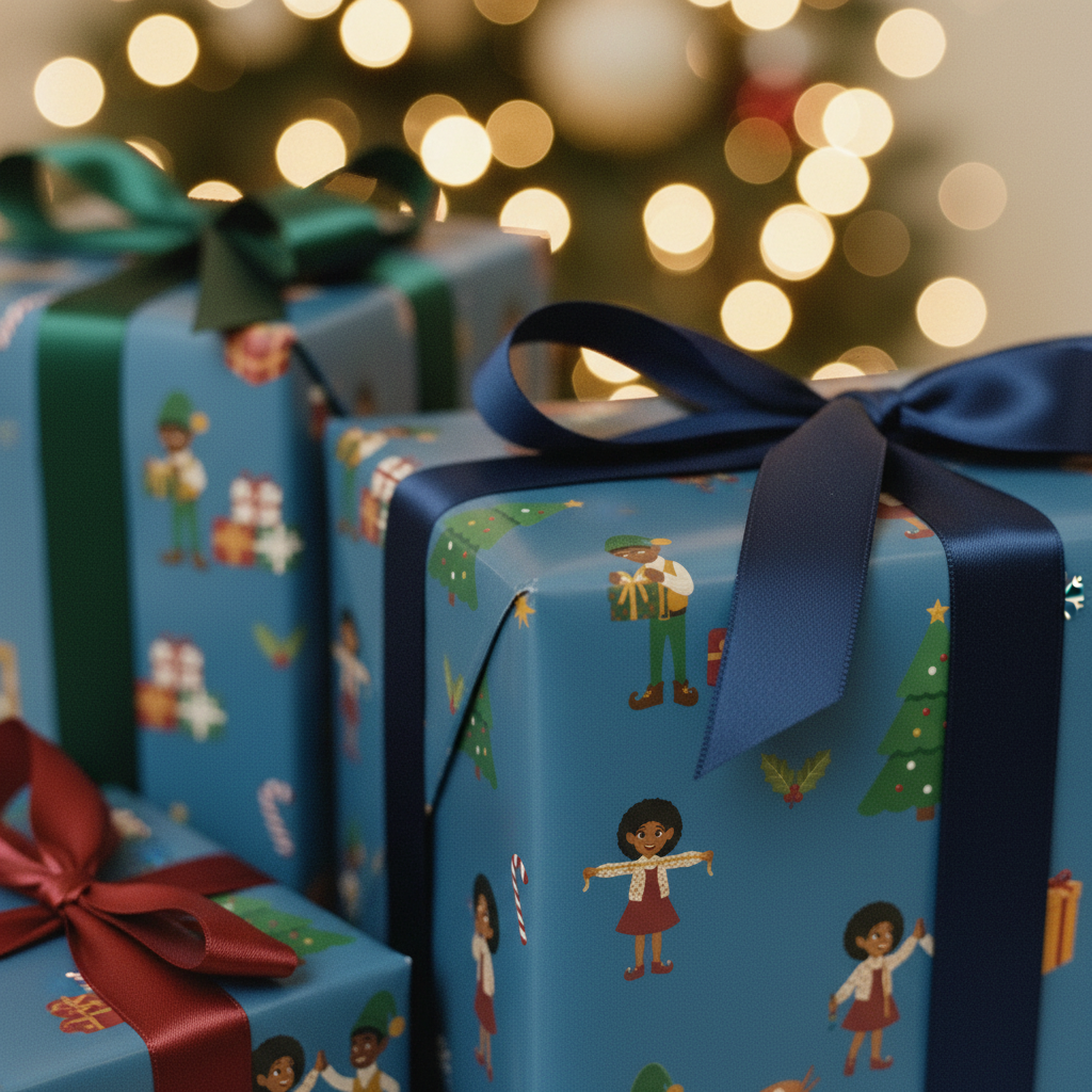Black Christmas Elves Ellis & Noelani gift wrapping paper, all colorways, lifestyle photo