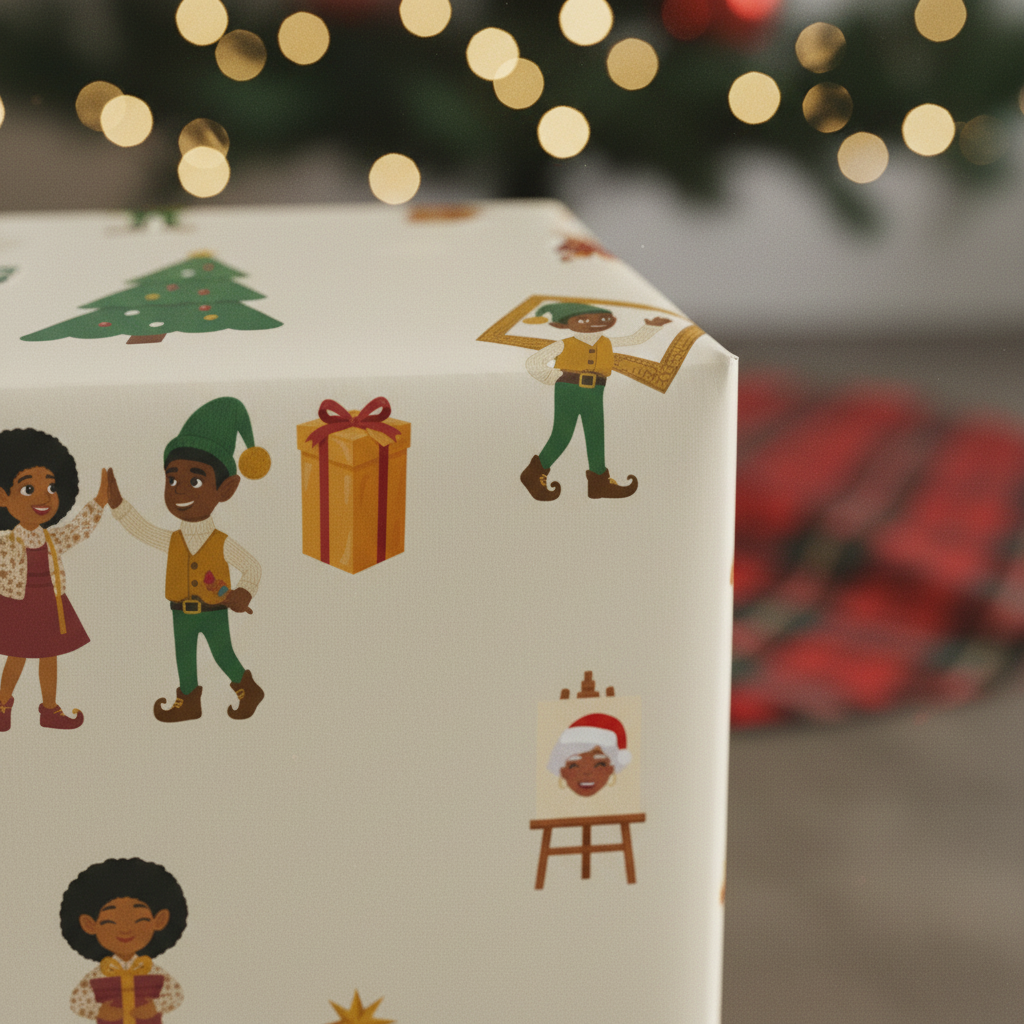 Black Christmas Elves Ellis & Noelani gift wrapping paper, all colorways, lifestyle photo