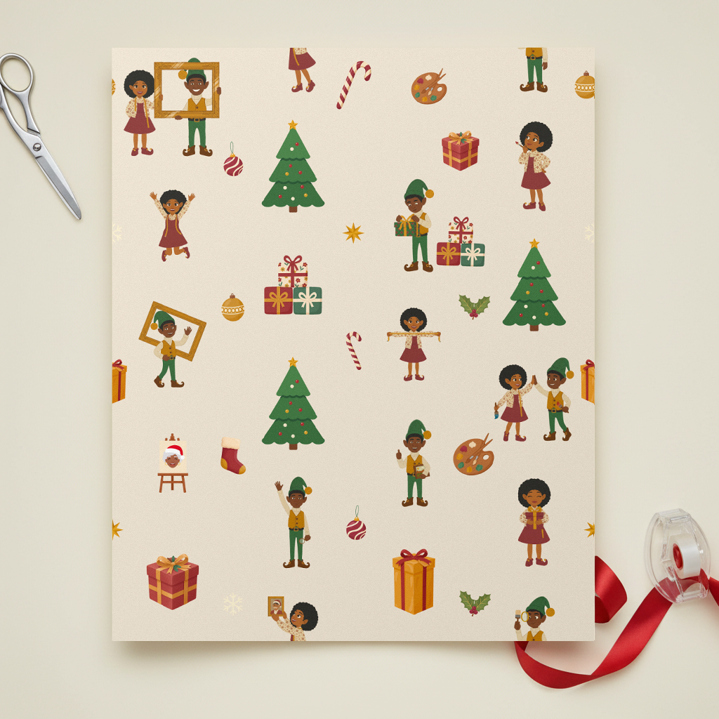 Black Christmas Elves Ellis & Noelani gift wrapping paper, all colorways, lifestyle photo