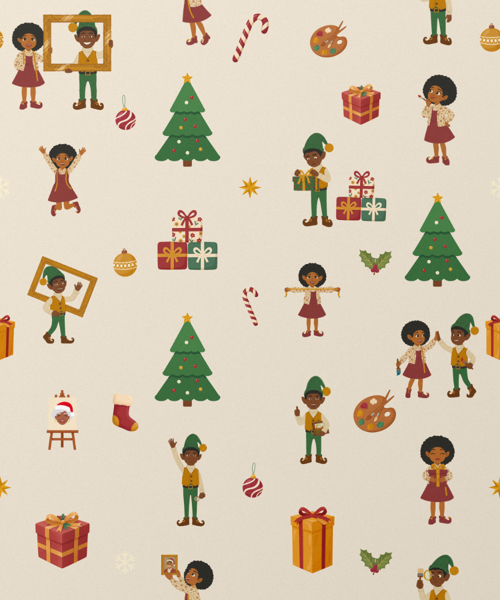 Black Christmas Elves Ellis & Noelani gift wrapping paper, all colorways, lifestyle photo