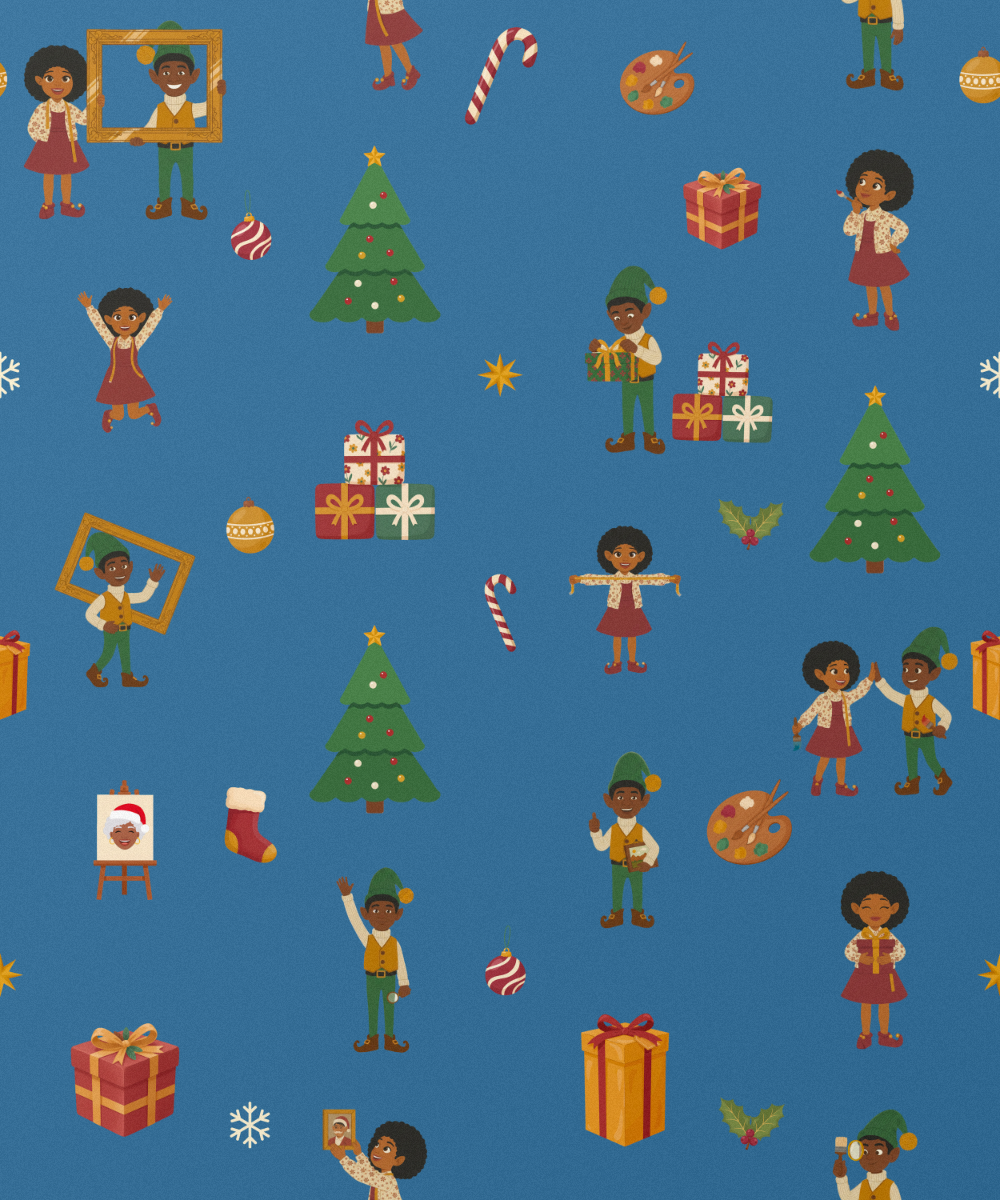 Black Christmas Elves Ellis & Noelani gift wrapping paper, all colorways, pattern close up