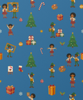 Black Christmas Elves Ellis & Noelani gift wrapping paper, all colorways, pattern close up