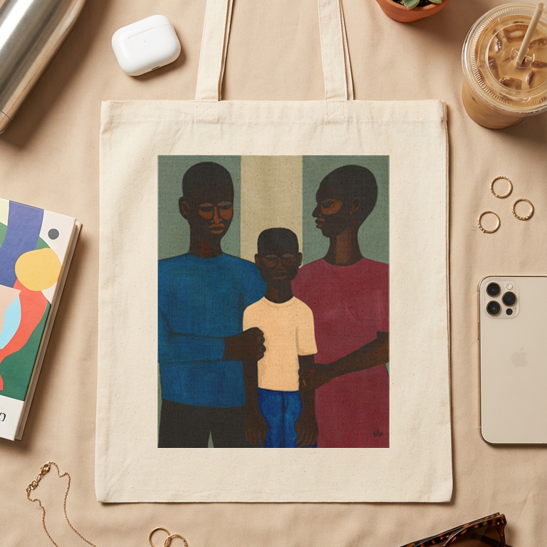 The Family tote bag angled product shot showing Black family artwork and cotton canvas handles