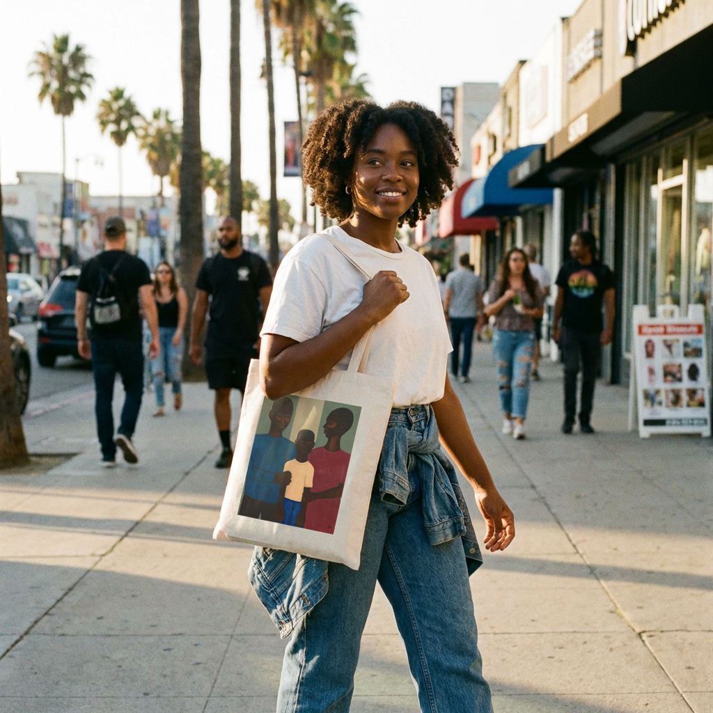 Model carrying Black Family Art Tote Bag — meaningful gift for parents featuring Black family art