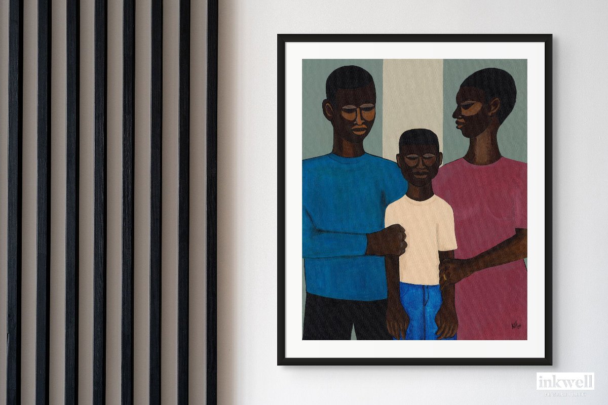 'The Family' art print: African American family in a solemn, stylized portrayal, with embracing figures and a muted backdrop, emphasizing familial love.