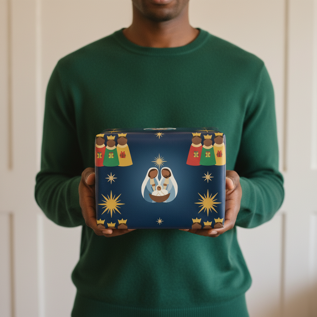 Black Nativity Christmas gift wrap, lifestyle photo