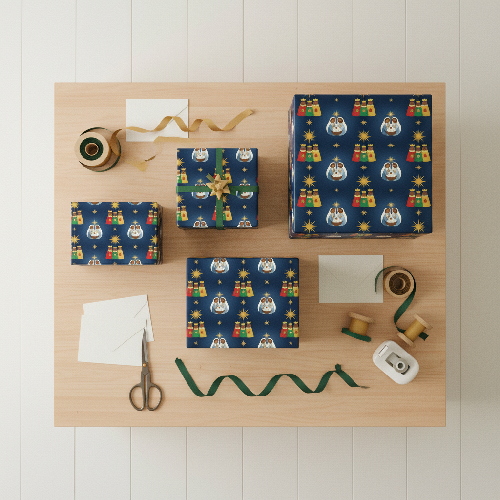 Black Nativity Christmas gift wrap, lifestyle photo