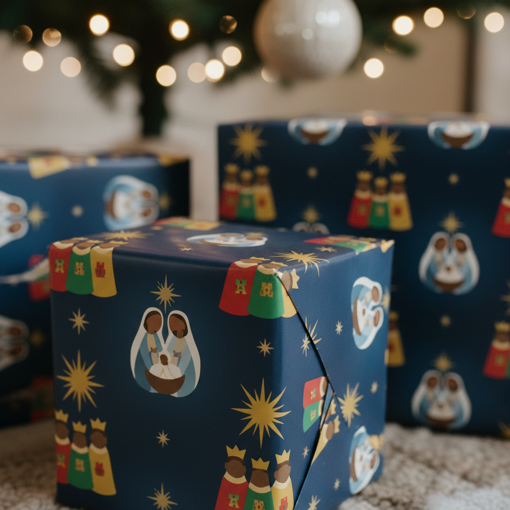 Black Nativity Christmas gift wrap, lifestyle photo