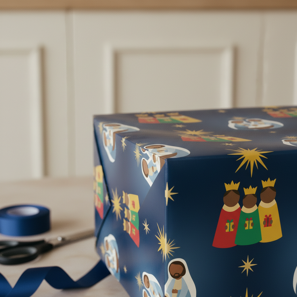 Black Nativity Christmas gift wrap, lifestyle photo
