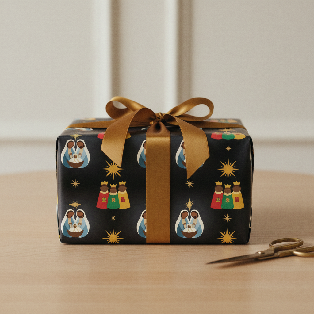 Black Nativity Christmas gift wrap, lifestyle photo