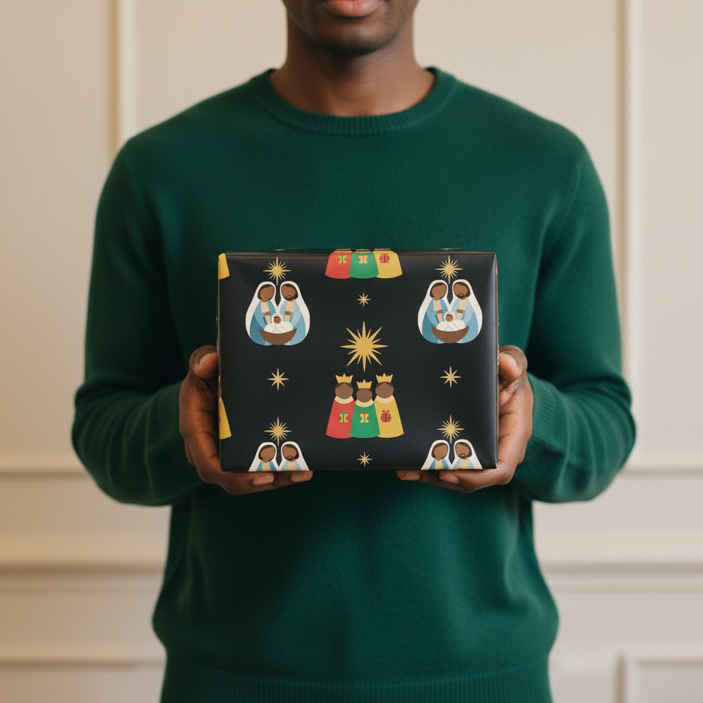 Black Nativity Christmas gift wrap, lifestyle photo