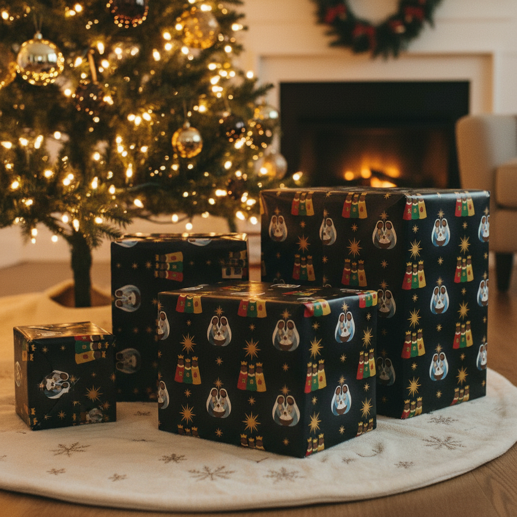 Black Nativity Christmas gift wrap, lifestyle photo