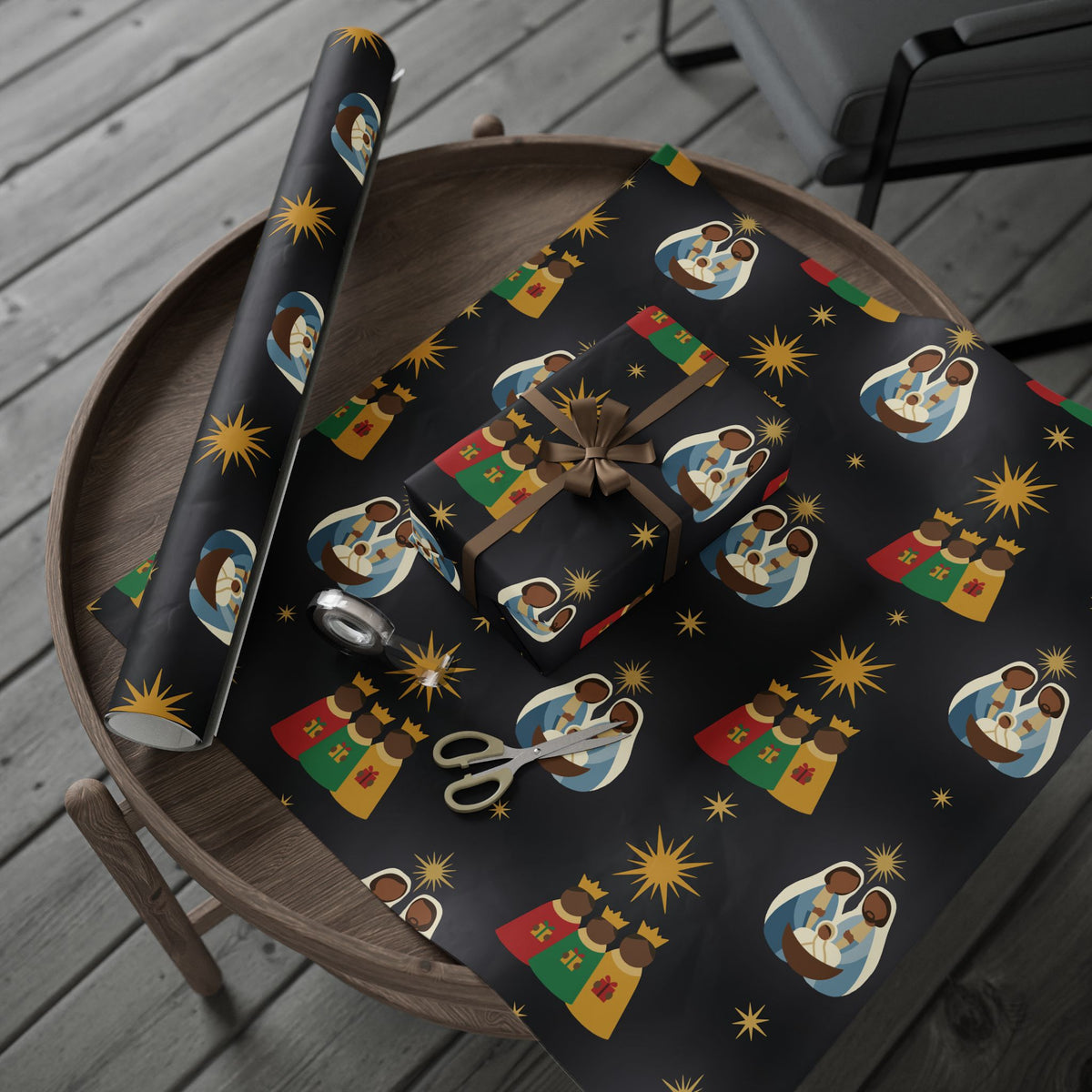 Black Nativity Christmas gift wrap, lifestyle photo
