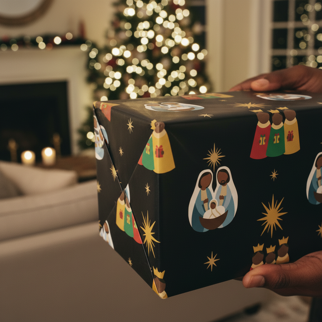 Black Nativity Christmas gift wrap, lifestyle photo