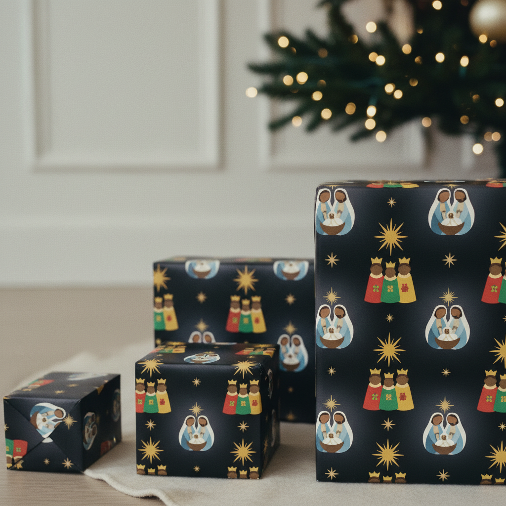 Black Nativity Christmas gift wrap, lifestyle photo