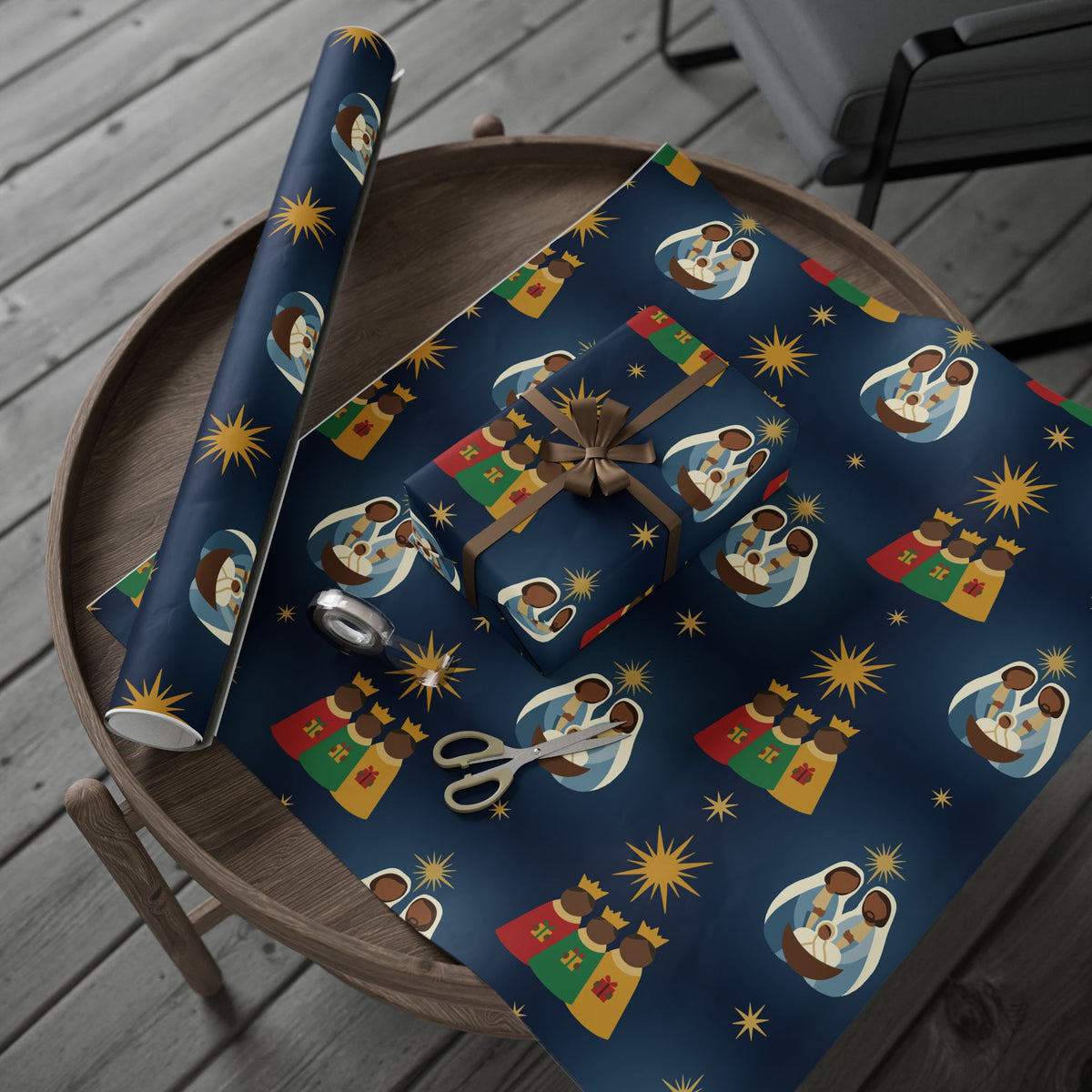Black Nativity Christmas gift wrap, lifestyle photo