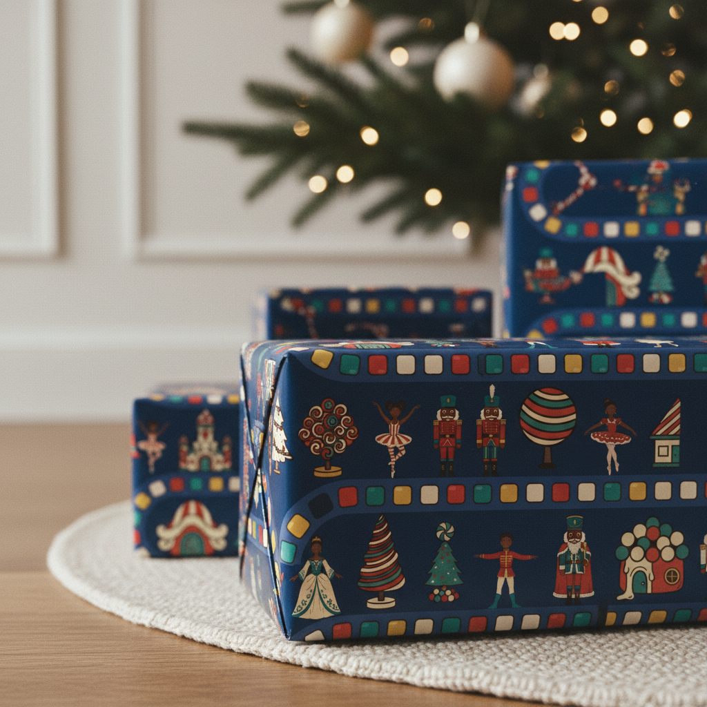Land of Sweets wrapping paper, Navy, close-up