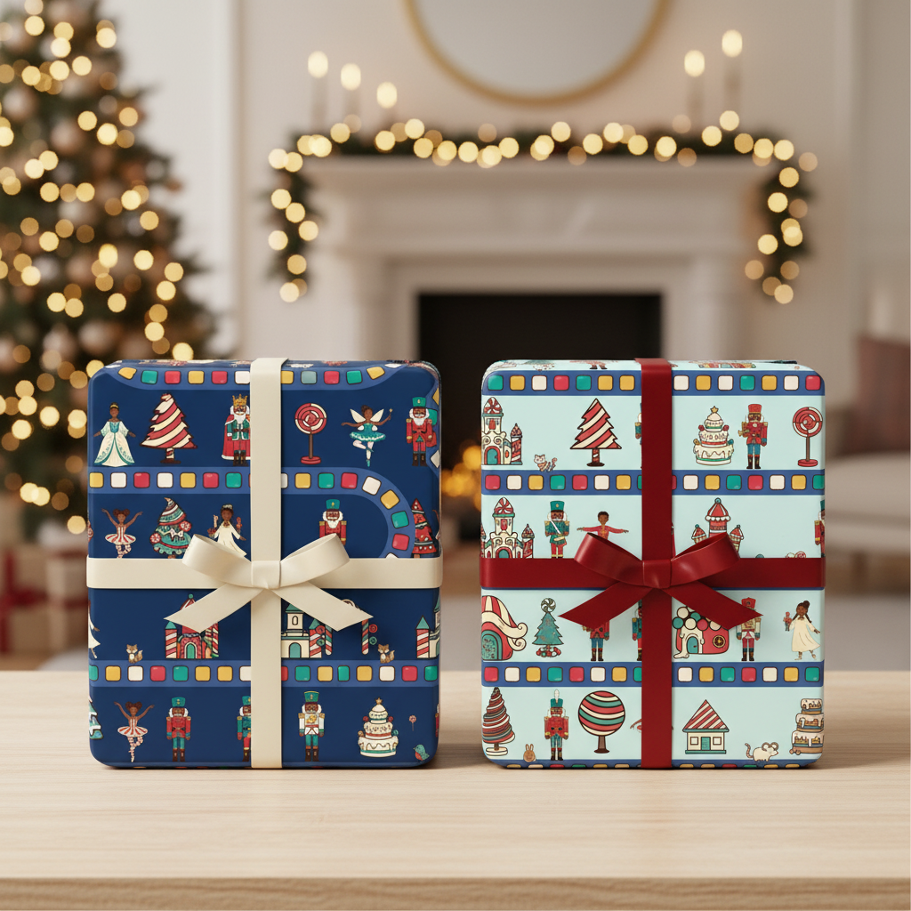 Black Nutcracker Land of Sweets gift wrap, lifestyle photo