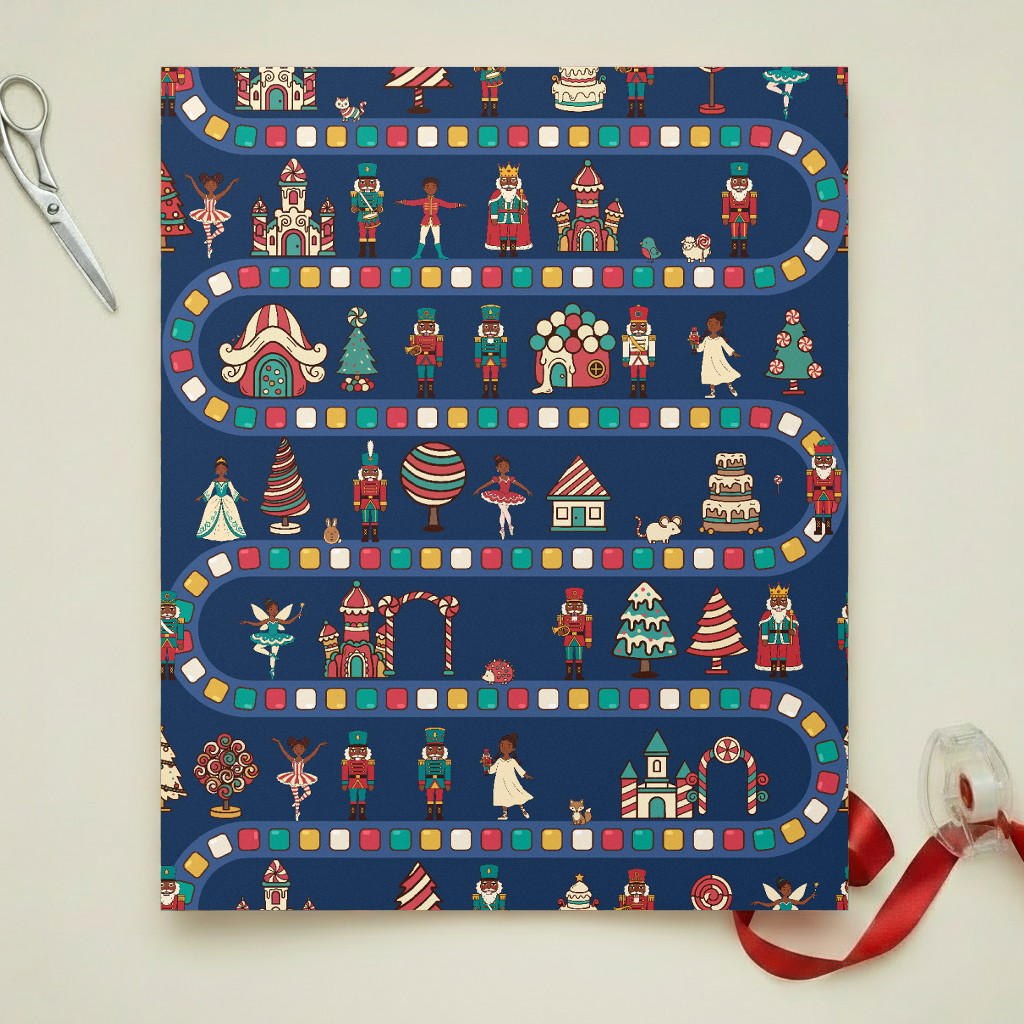Black Nutcracker Land of Sweets gift wrap, lifestyle photo