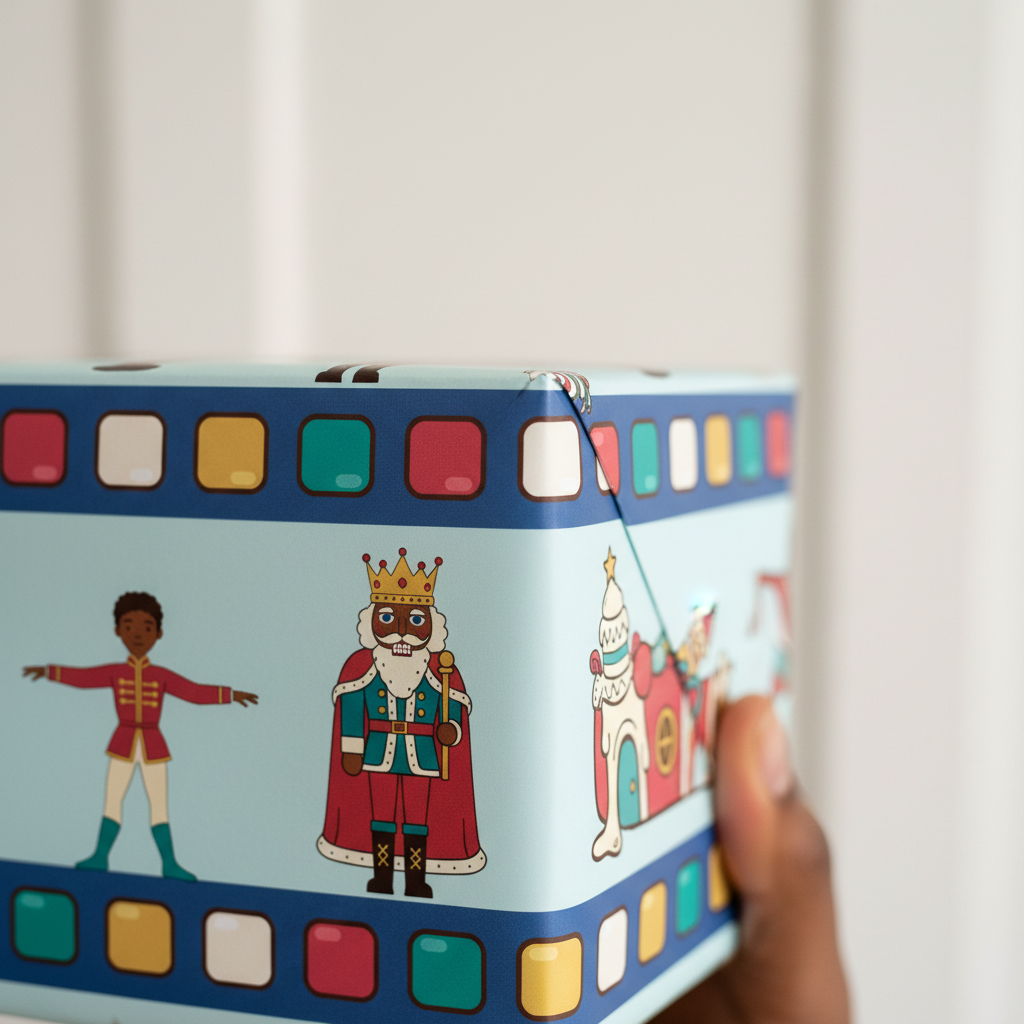 Black Nutcracker Land of Sweets gift wrap, lifestyle photo