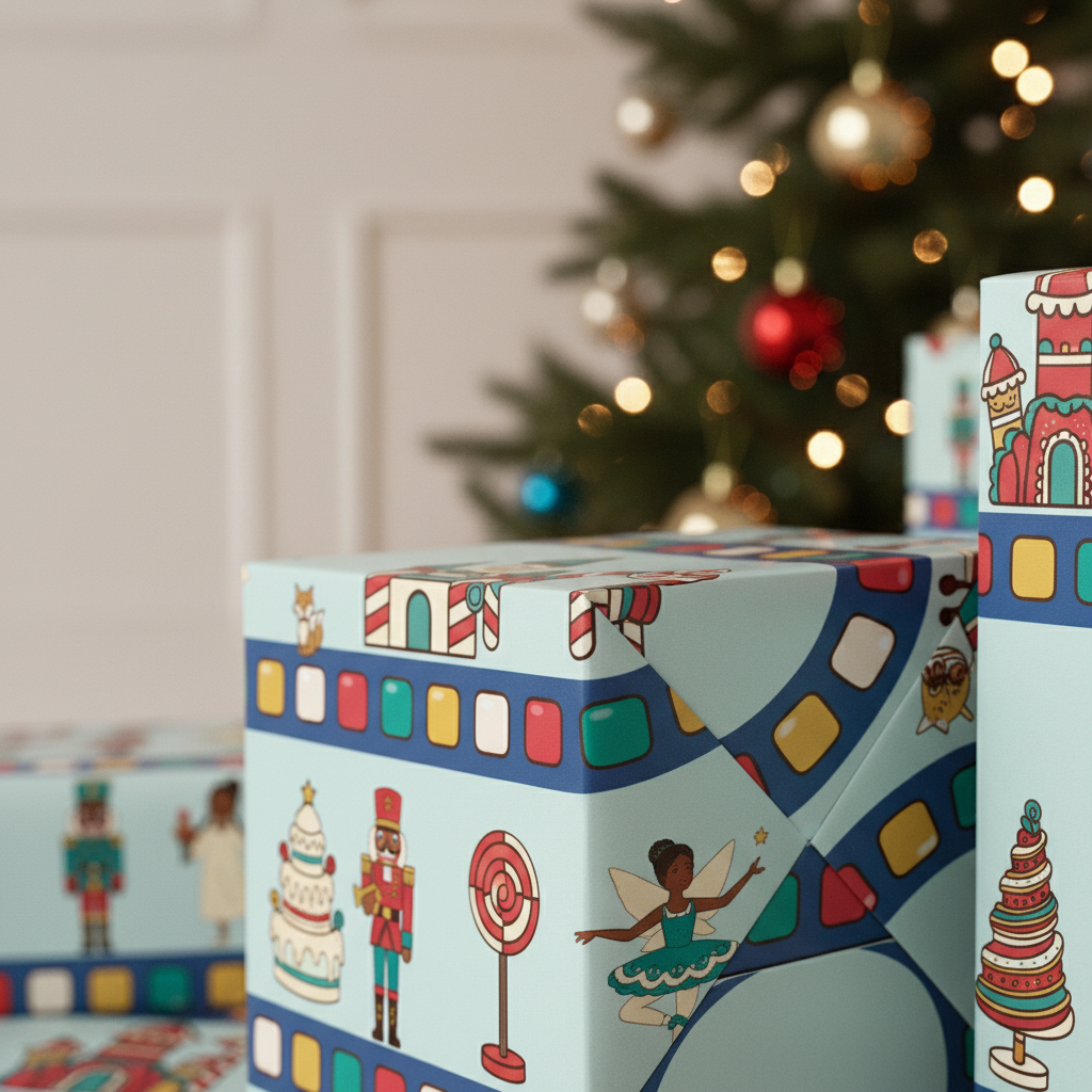 Black Nutcracker Land of Sweets gift wrap, lifestyle photo