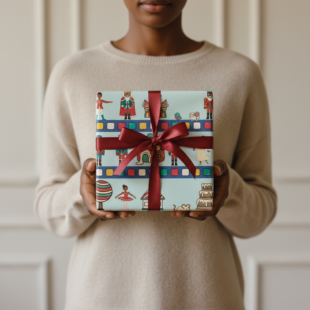 Black Nutcracker Land of Sweets gift wrap, lifestyle photo