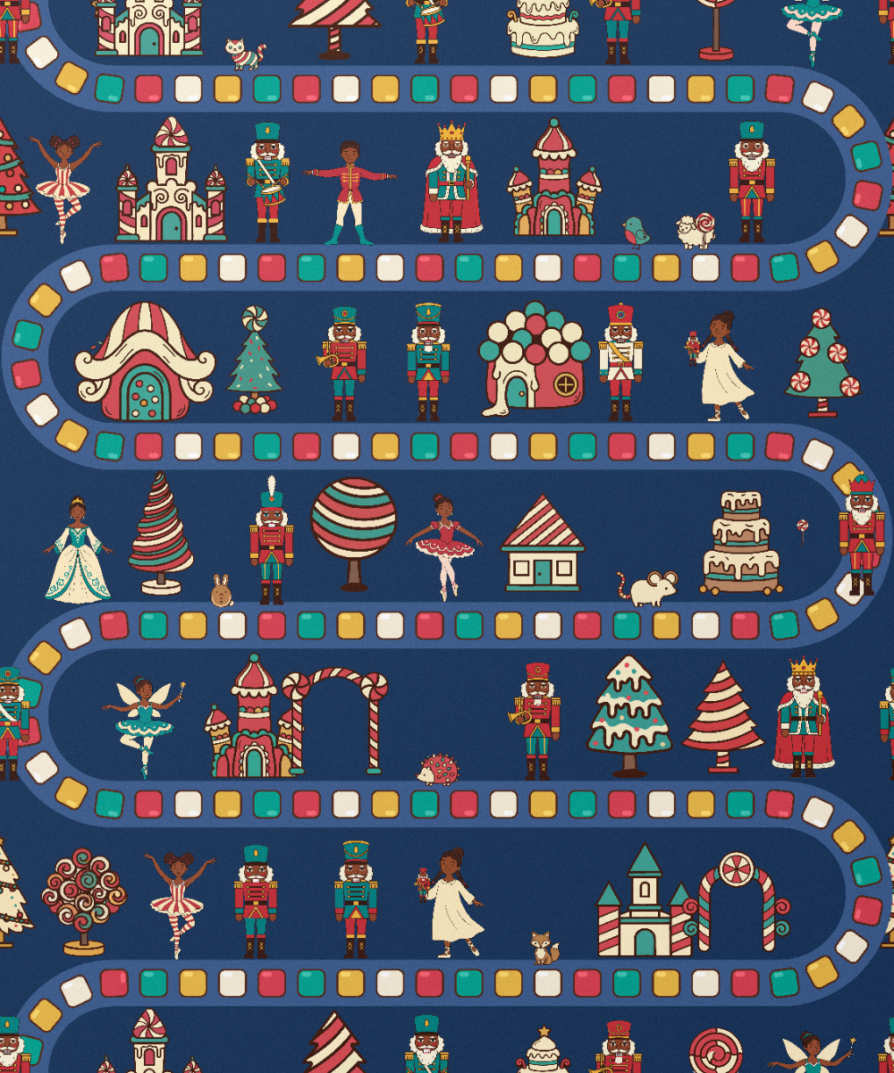 Black Nutcracker Land of Sweets gift wrap, pattern close-up