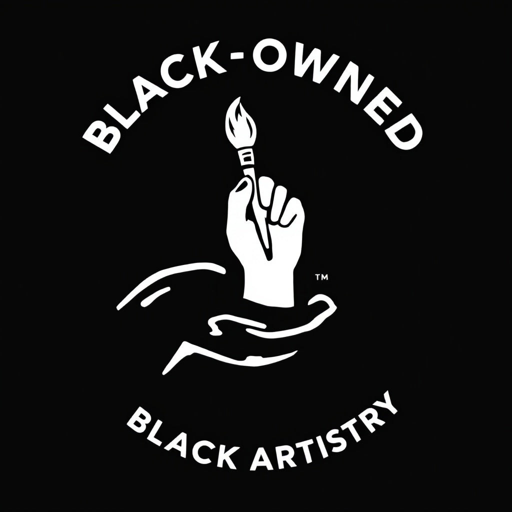 icon of a hand holding a paintbrush that reads "black owned artistry"