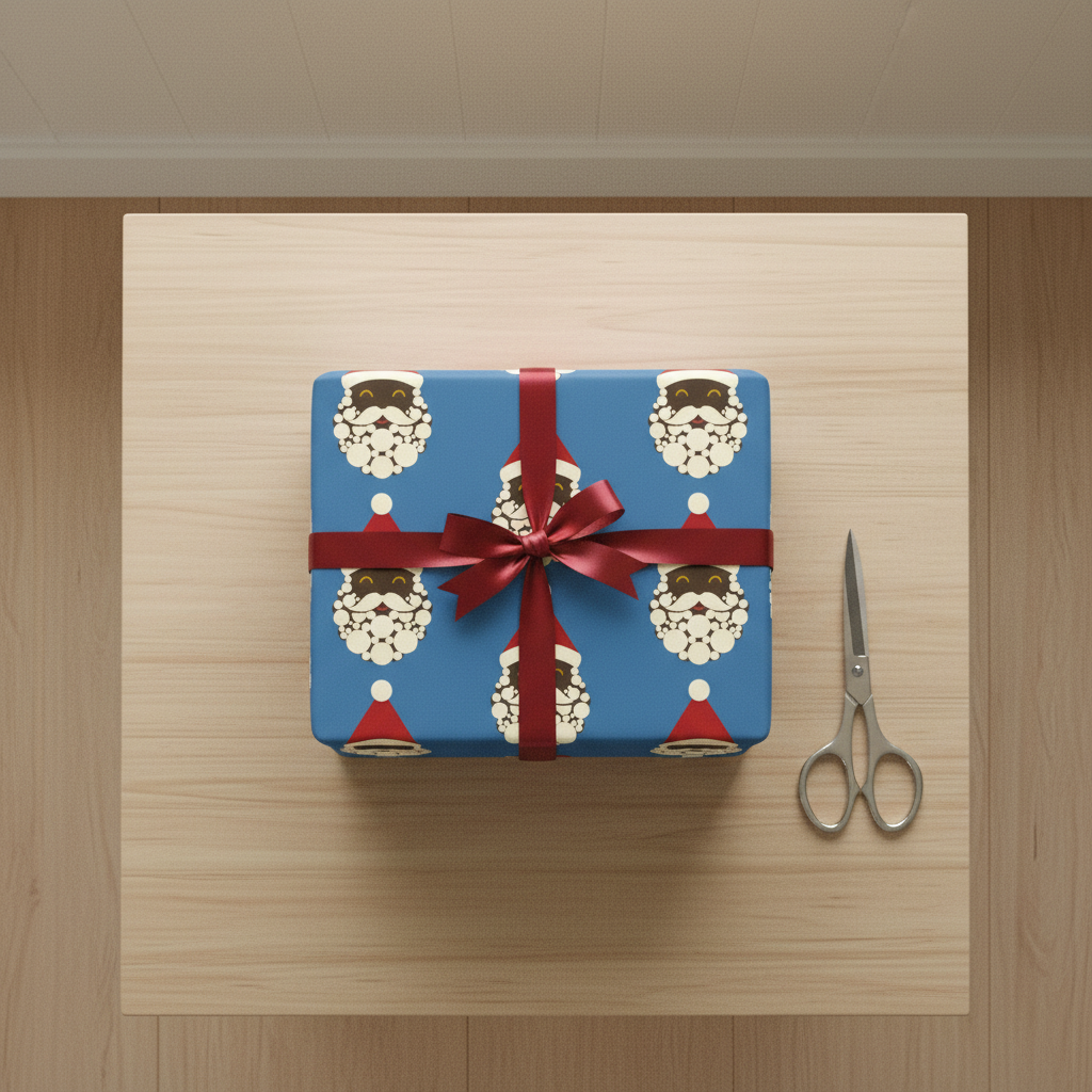 Black Santa wrapping paper, Blue, flat lay
