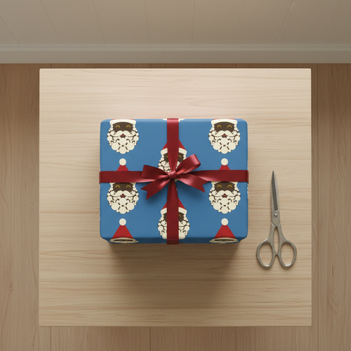 Black Santa wrapping paper, Blue, flat lay