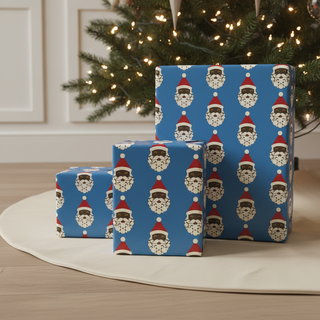 Black Santa wrapping paper, Blue, three gifts