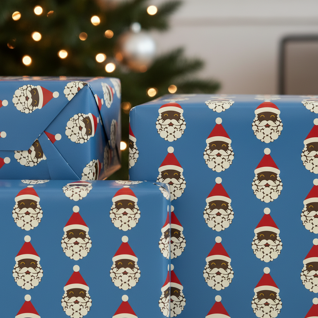Black Santa wrapping paper, Blue, close-up