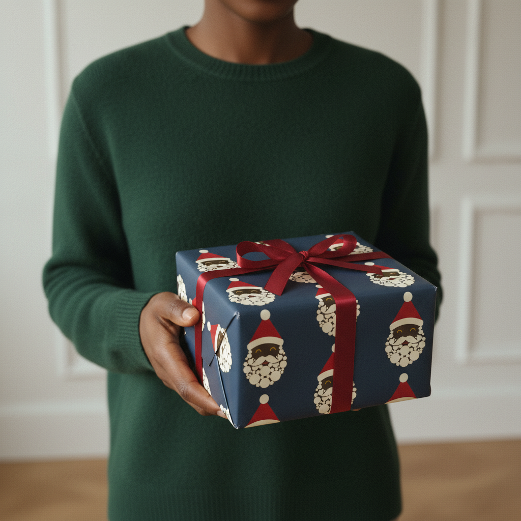 Black Santa wrapping paper, Charcoal, wrapped gift