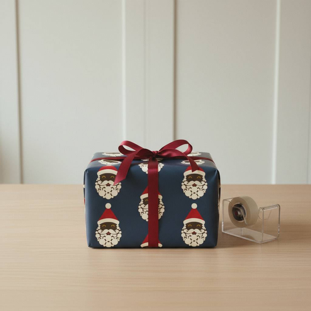 Black Santa wrapping paper, Charcoal, gift at eye level