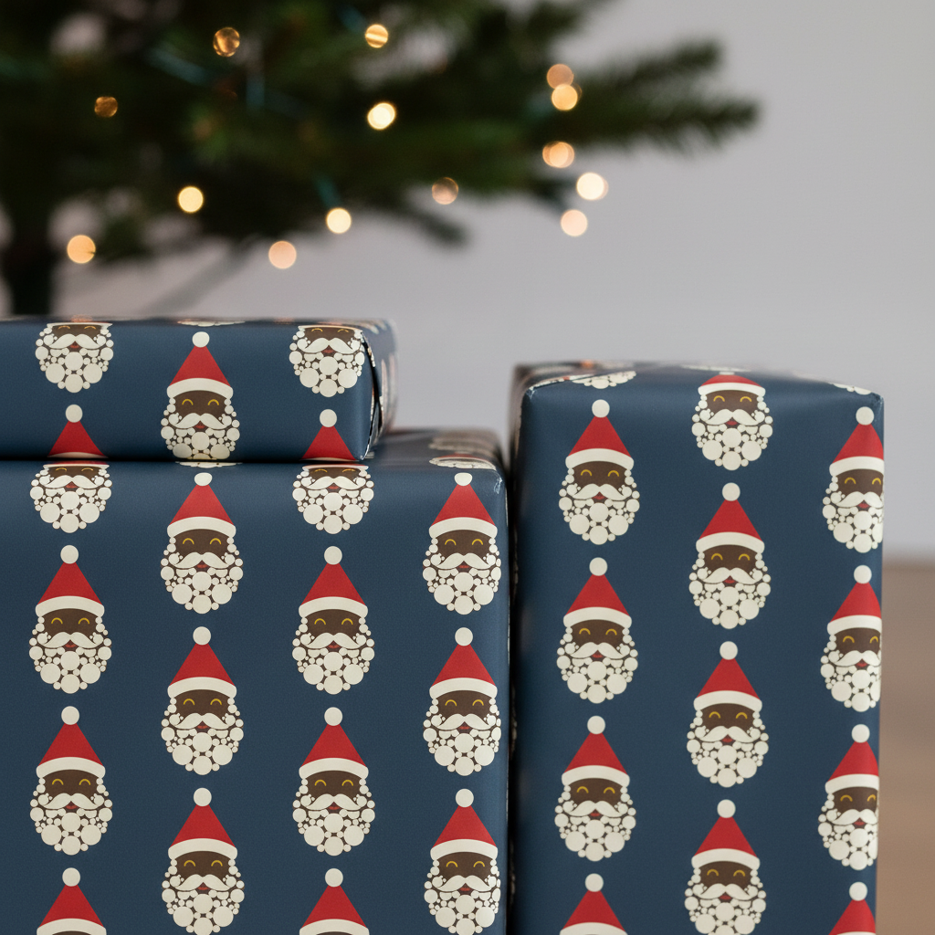 Black Santa wrapping paper, Charcoal, close-up