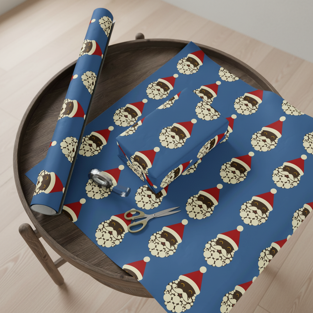 Black Santa Christmas gift wrapping paper, all colorways, lifestyle photo