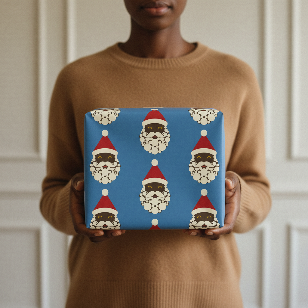Black Santa Christmas gift wrapping paper, all colorways, lifestyle photo