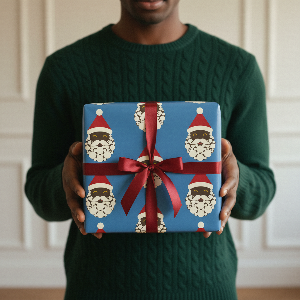 Black Santa Christmas gift wrapping paper, all colorways, lifestyle photo