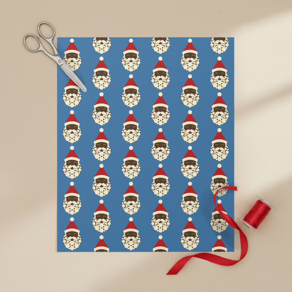 Black Santa Christmas gift wrapping paper, all colorways, lifestyle photo