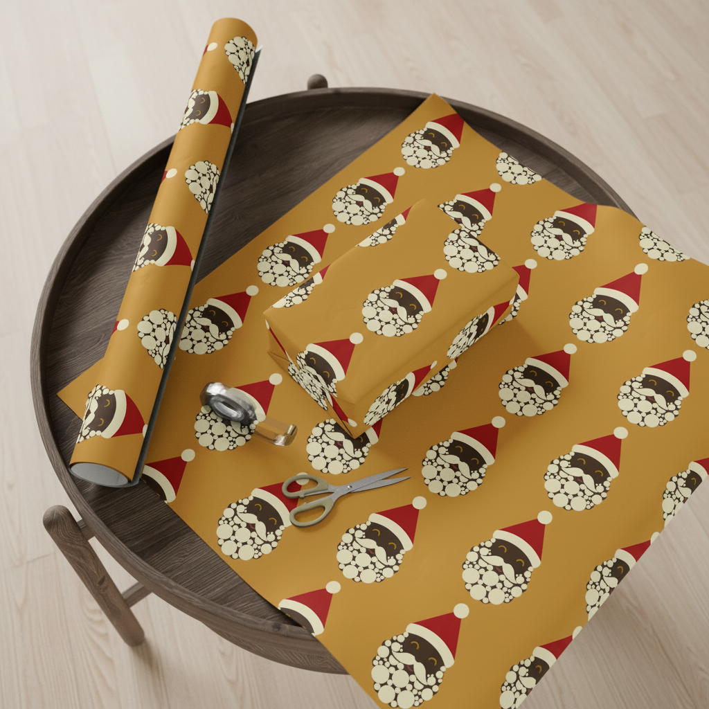 Black Santa Christmas gift wrapping paper, all colorways, lifestyle photo