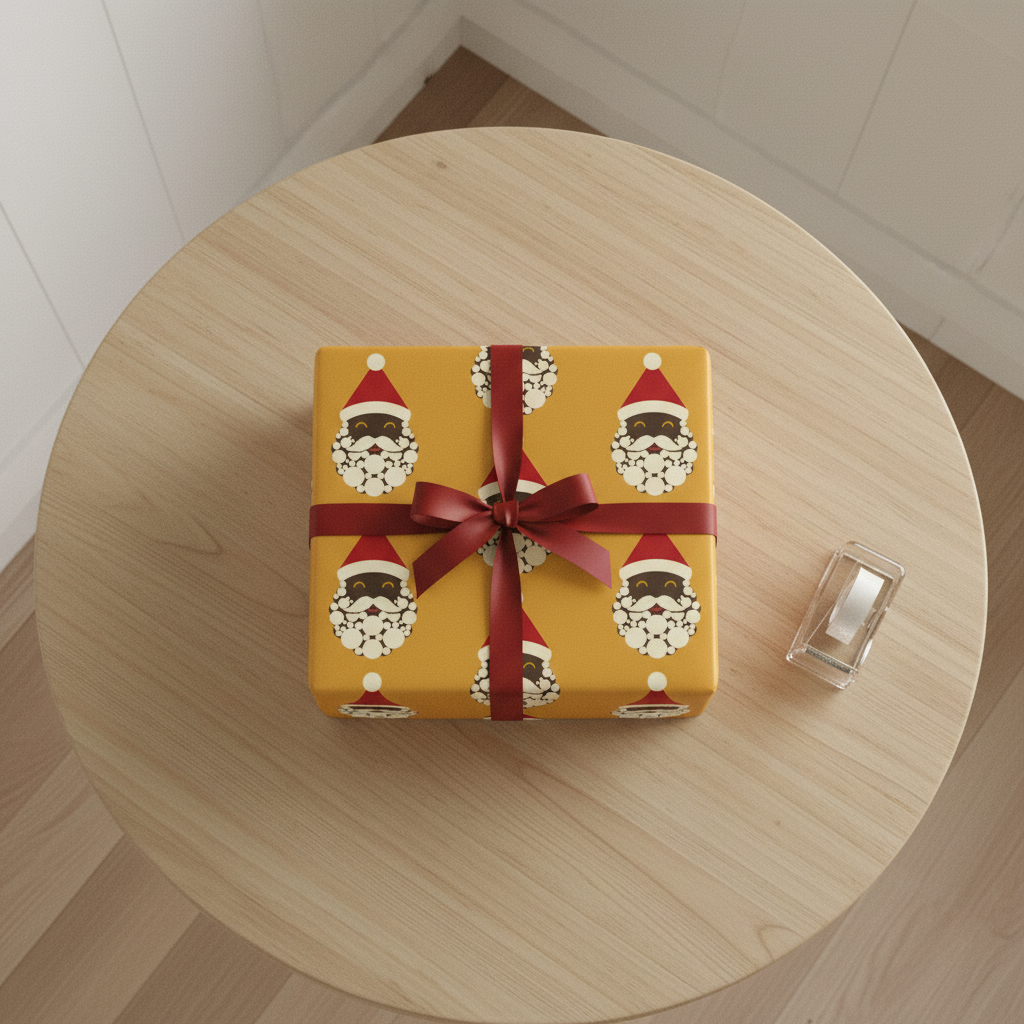 Black Santa Christmas gift wrapping paper, all colorways, lifestyle photo