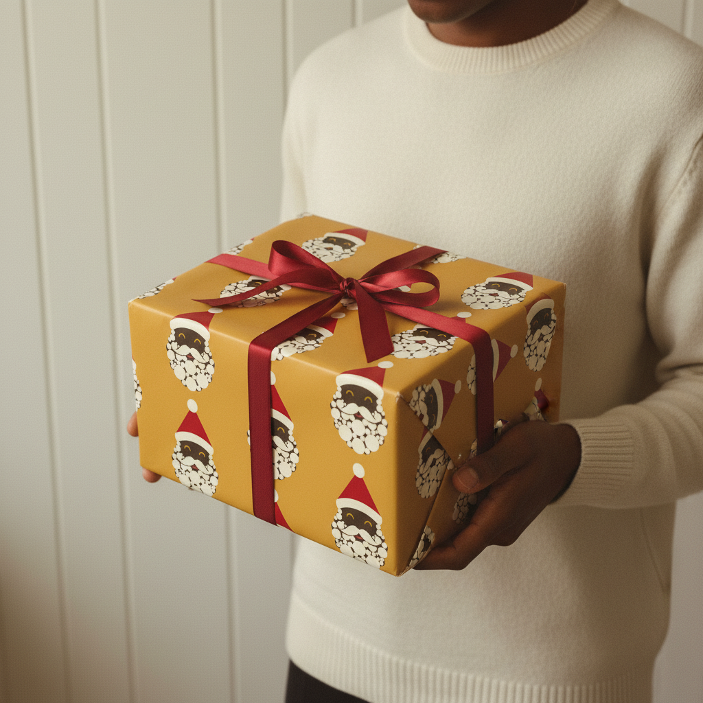 Black Santa Christmas gift wrapping paper, all colorways, lifestyle photo