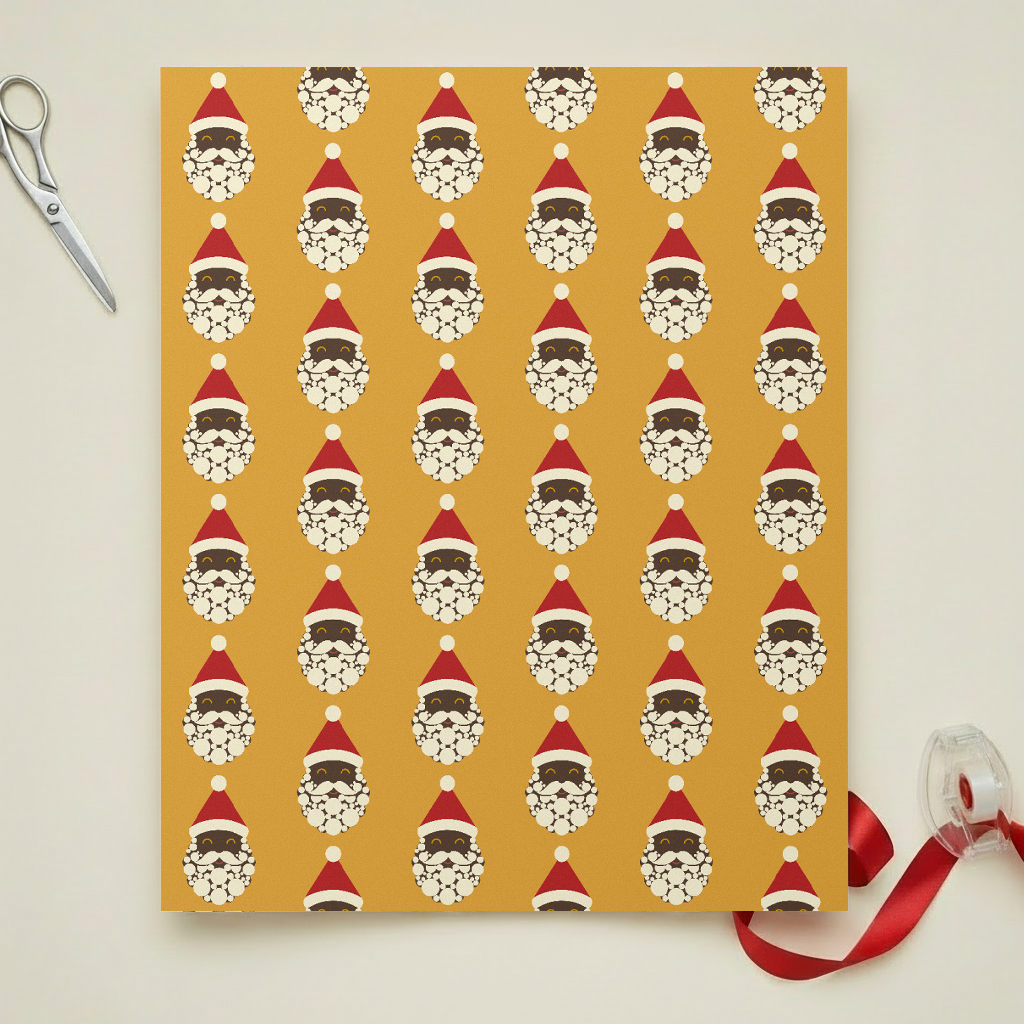 Black Santa Christmas gift wrapping paper, all colorways, lifestyle photo