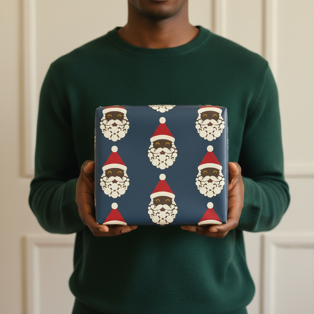 Black Santa Christmas gift wrapping paper, all colorways, lifestyle photo