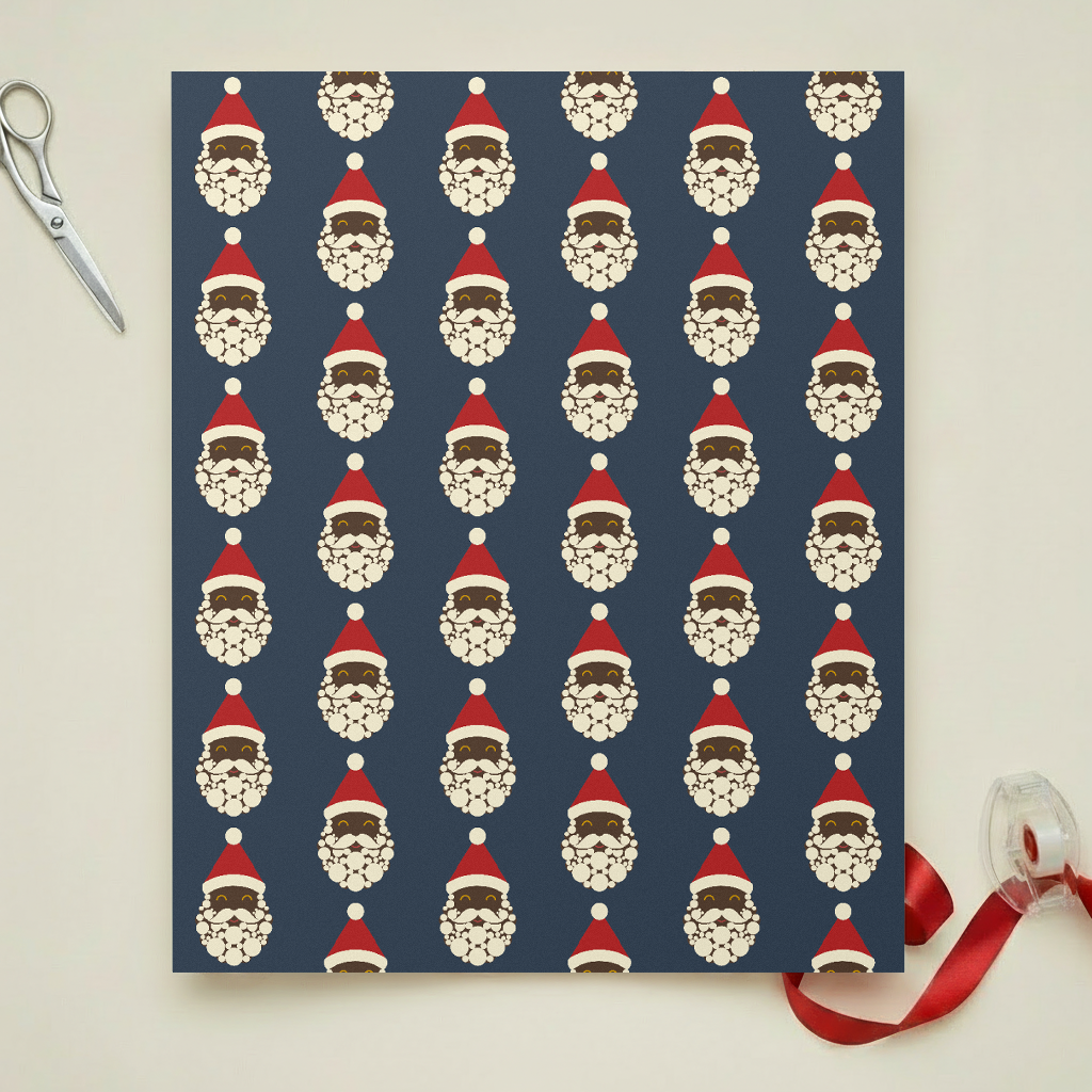 Black Santa Christmas gift wrapping paper, all colorways, lifestyle photo