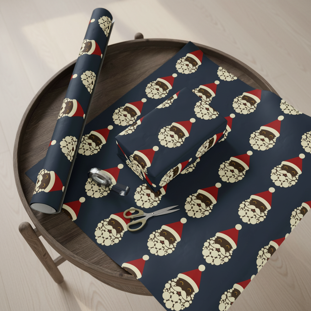 Black Santa Christmas gift wrapping paper, all colorways, lifestyle photo