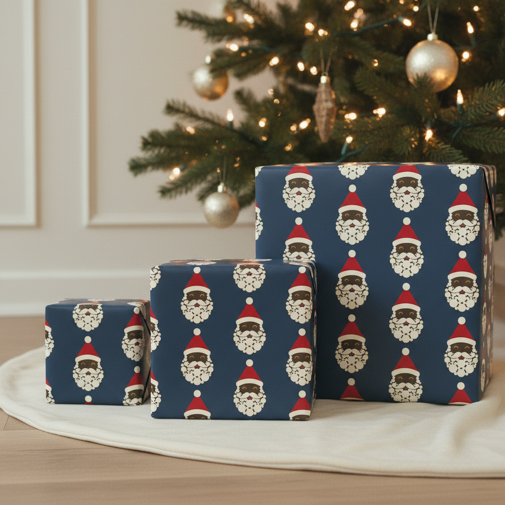 Black Santa Christmas gift wrapping paper, all colorways, lifestyle photo