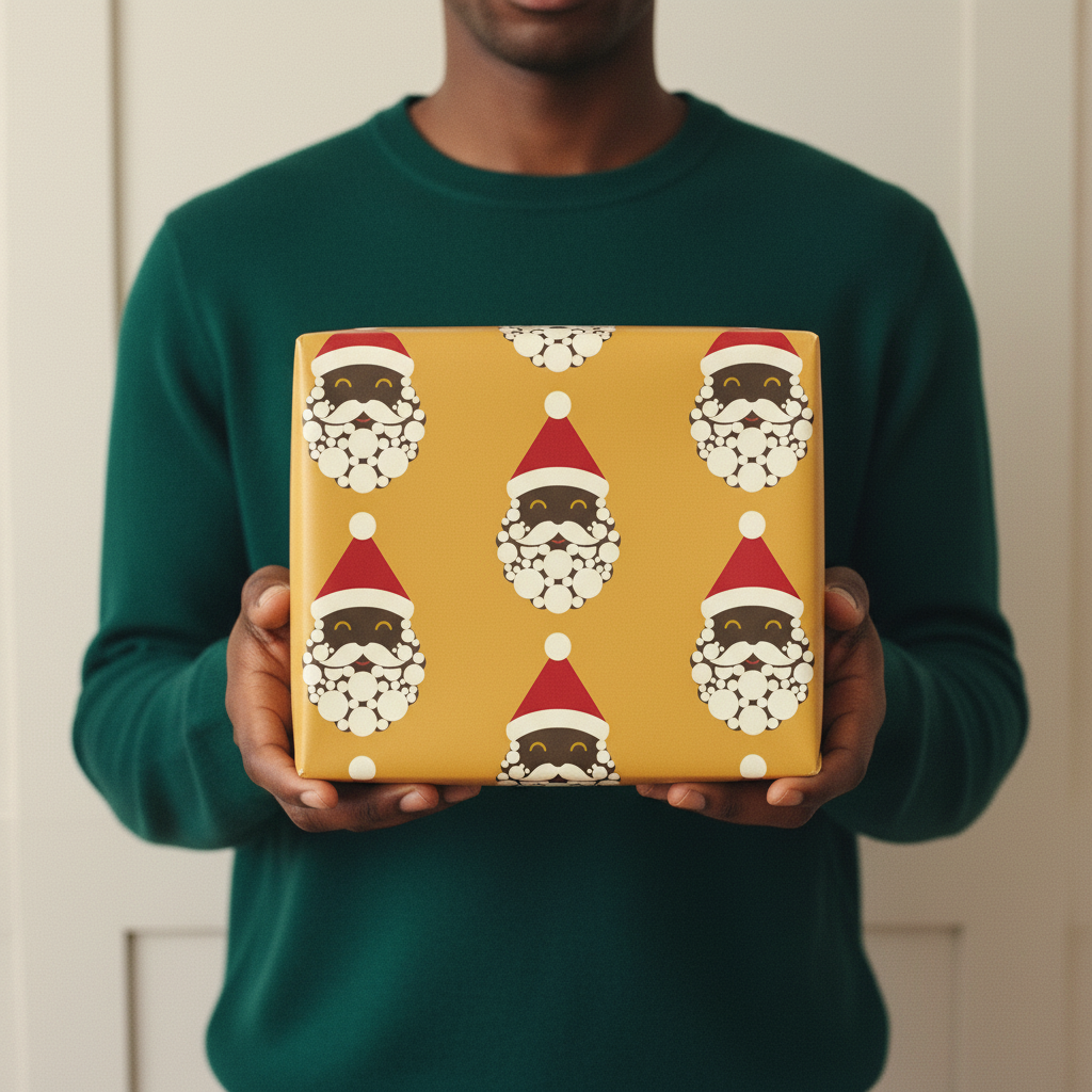 Black Santa wrapping paper, Mustard, wrapped gift