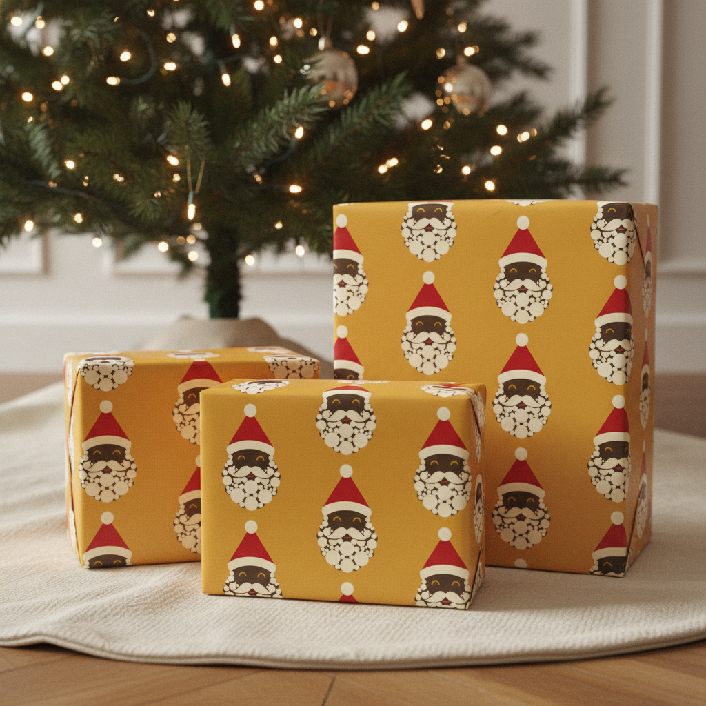 Black Santa wrapping paper, Mustard, three gifts