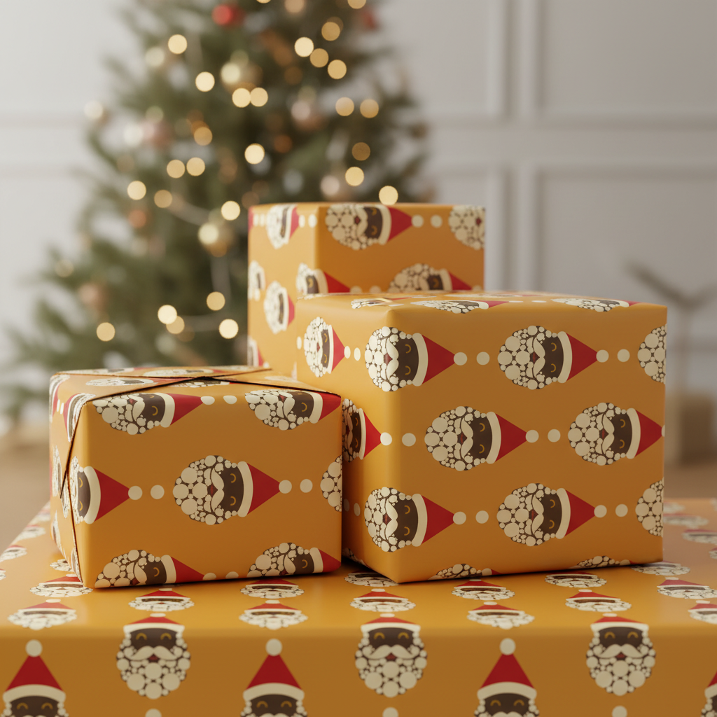Black Santa wrapping paper, Mustard, close-up